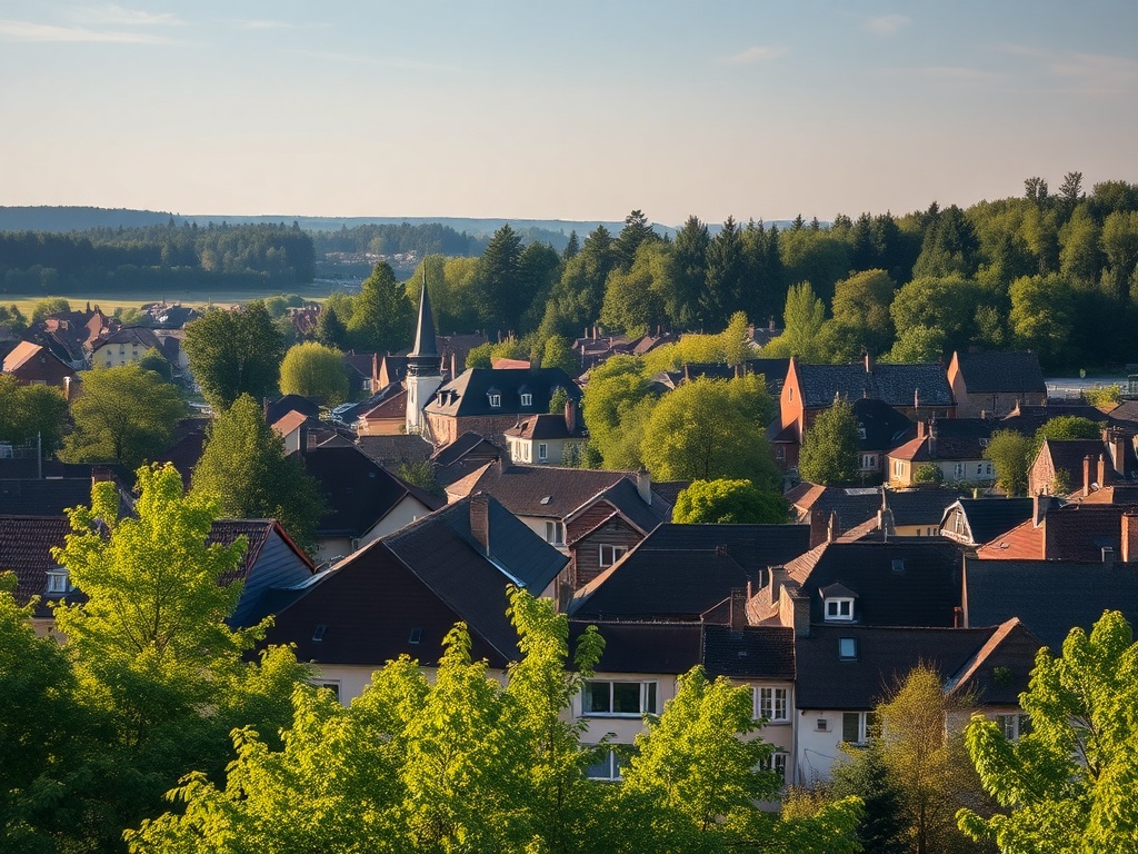 Bocian stoi na gnieździe zbudowanym na dachu tradycyjnego domu w okolicach Chojnic wiosną