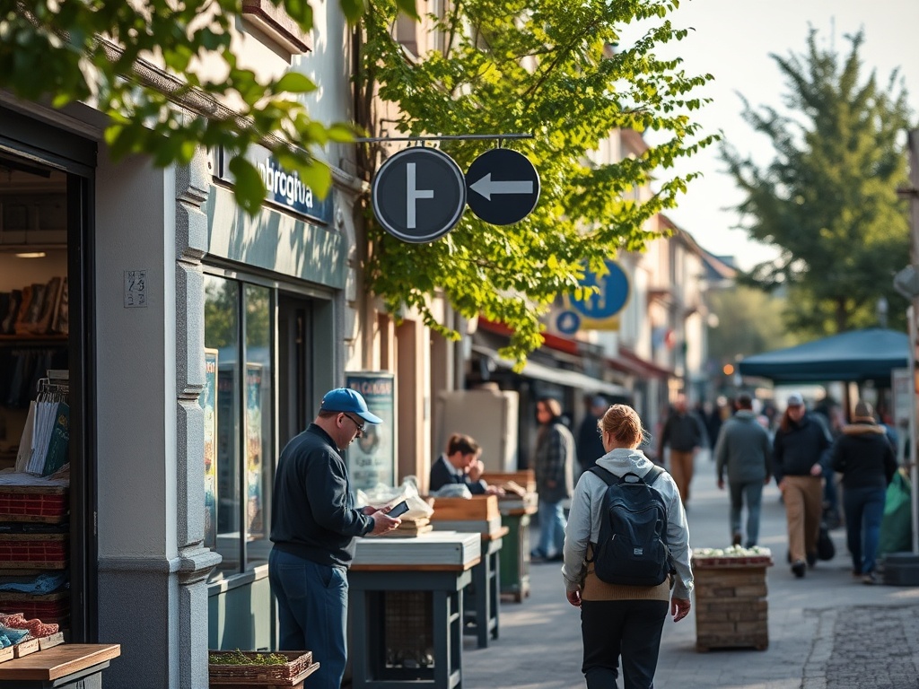 Ulica w centrum Chojnic z widocznymi budynkami i przechodniami